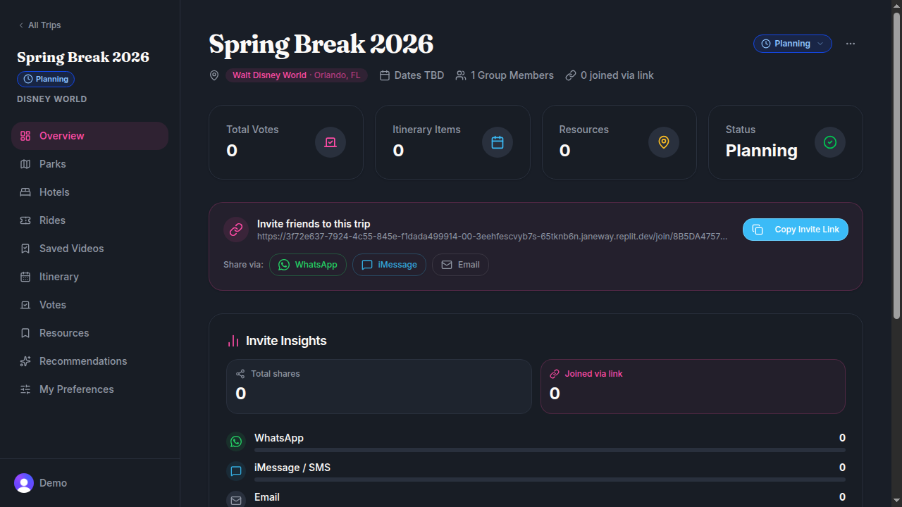 The TripSyncPro trip dashboard for a planned Spring Break trip, showing the trip overview, sidebar navigation, and member tools.